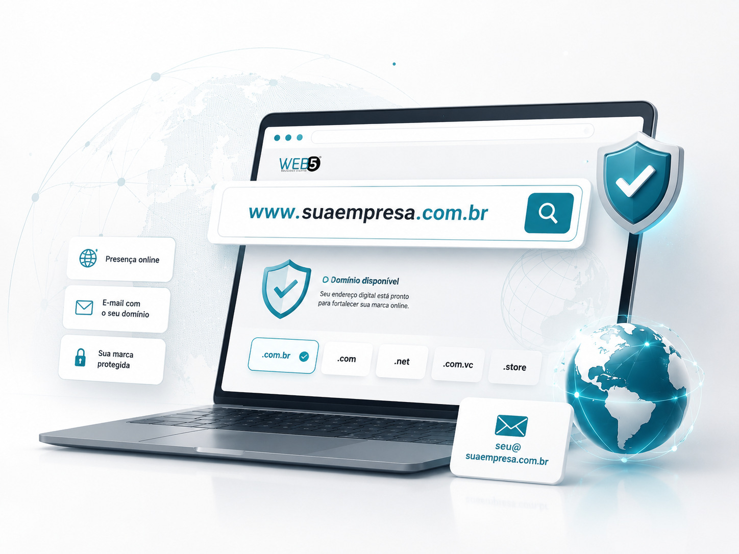 Ilustração de registro de domínio, e-mail profissional e presença online