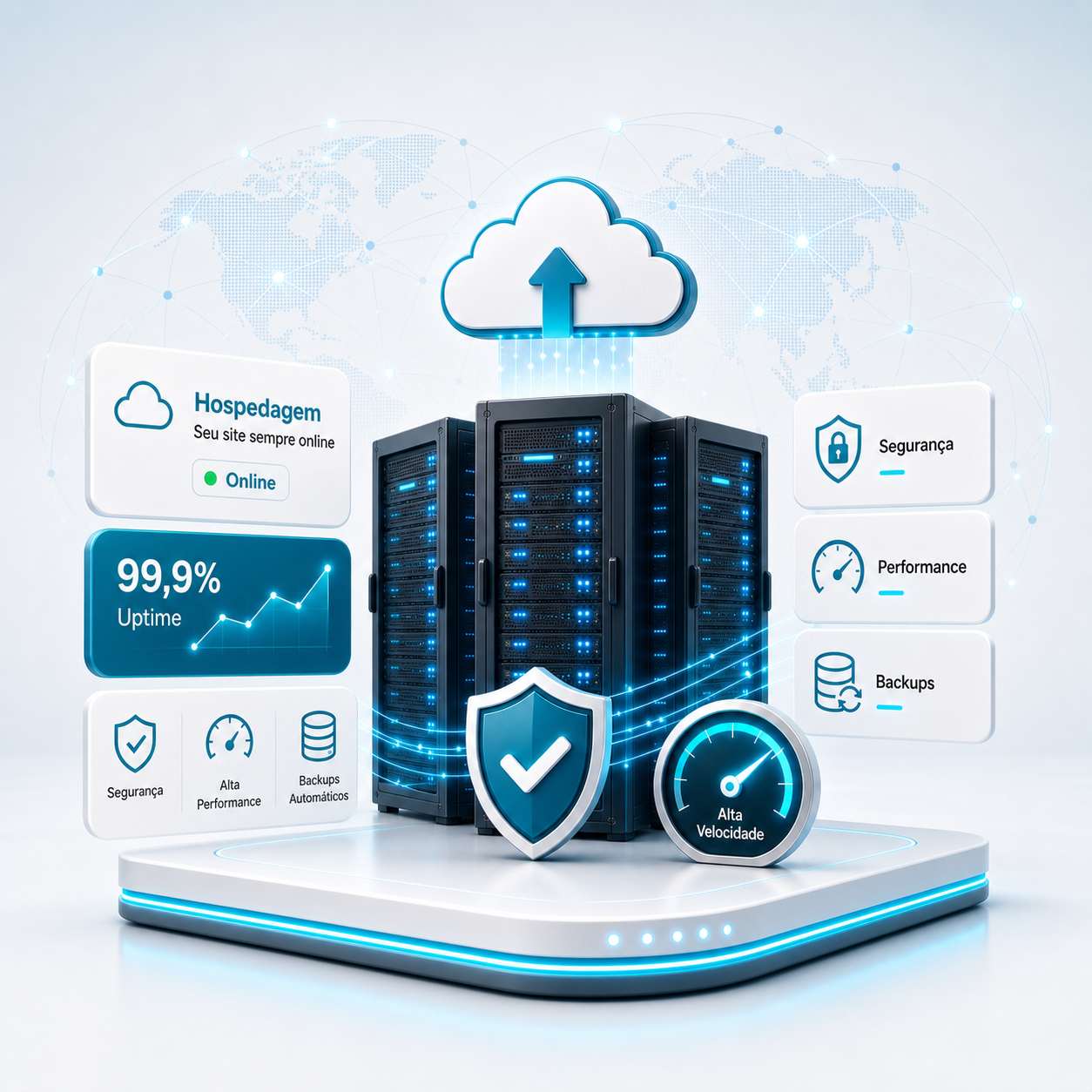Ilustração de hospedagem de site com uptime, segurança e performance