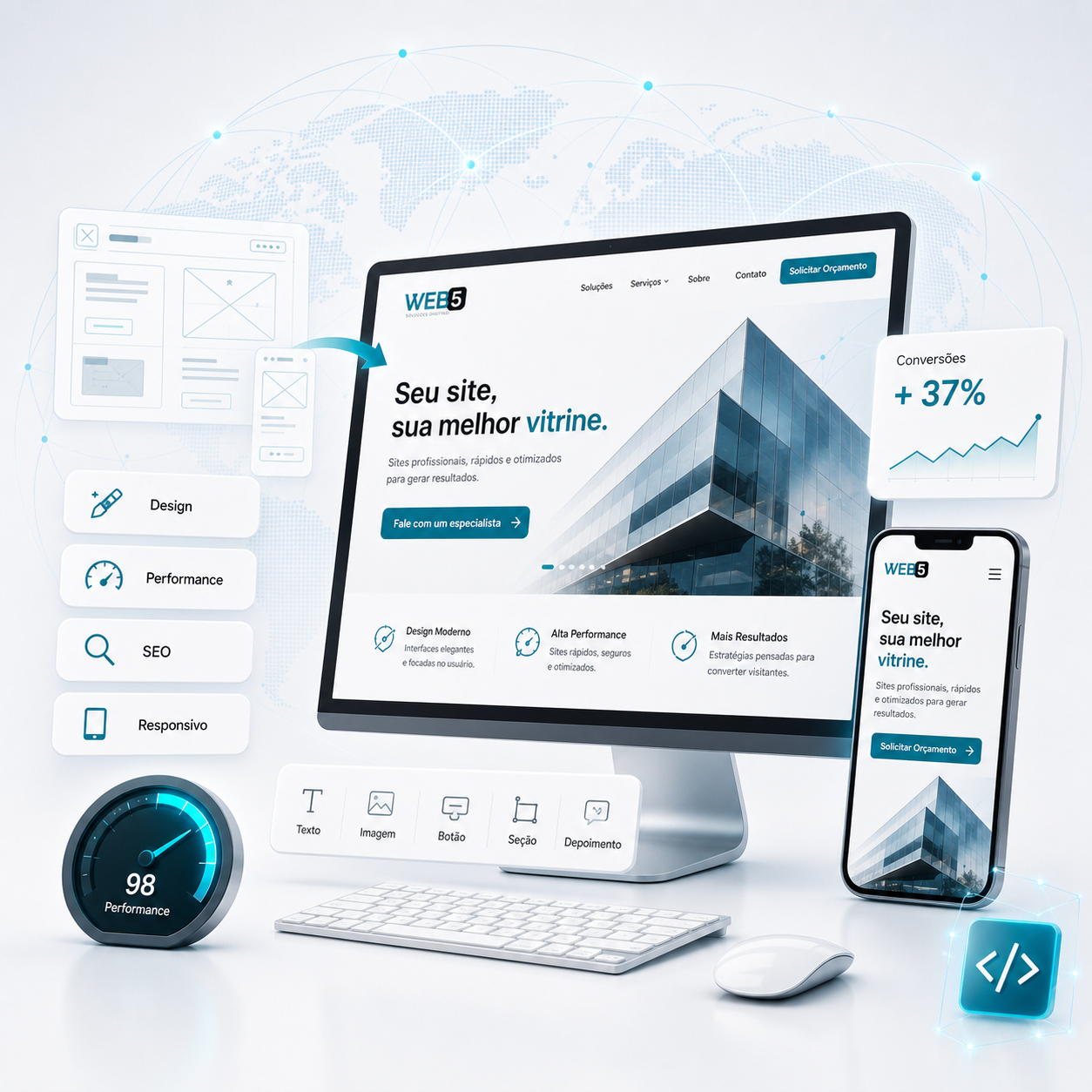 Ilustração de desenvolvimento de site moderno, responsivo e orientado a resultados